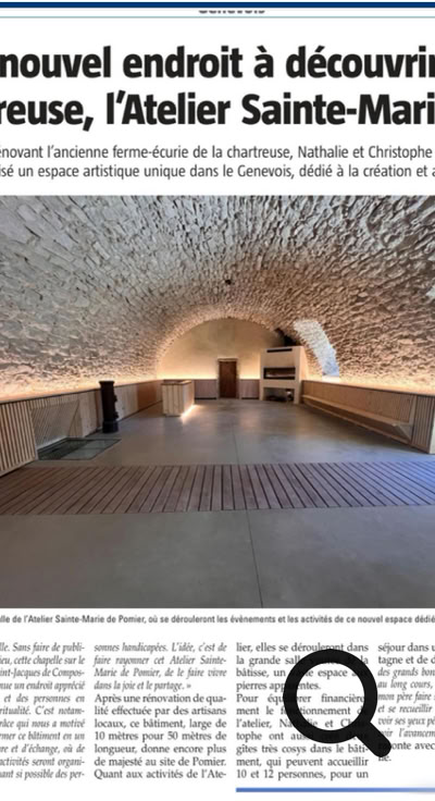 Publié par Dominique Ersnt. Haute-Savoie : un nouvel endroit à découvrir près de la chartreuse, l’Atelier Sainte-Marie de Pomier  En rénovant l’ancienne ferme-écurie de la chartreuse, Nathalie et Christophe Chemtob ont réalisé un espace artistique unique dans le Genevois, dédié à la création et au bien-être. 