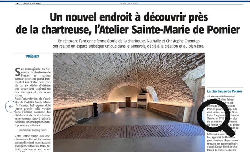Publié par Dominique Ersnt. Haute-Savoie : un nouvel endroit à découvrir près de la chartreuse, l’Atelier Sainte-Marie de Pomier  En rénovant l’ancienne ferme-écurie de la chartreuse, Nathalie et Christophe Chemtob ont réalisé un espace artistique unique dans le Genevois, dédié à la création et au bien-être. 