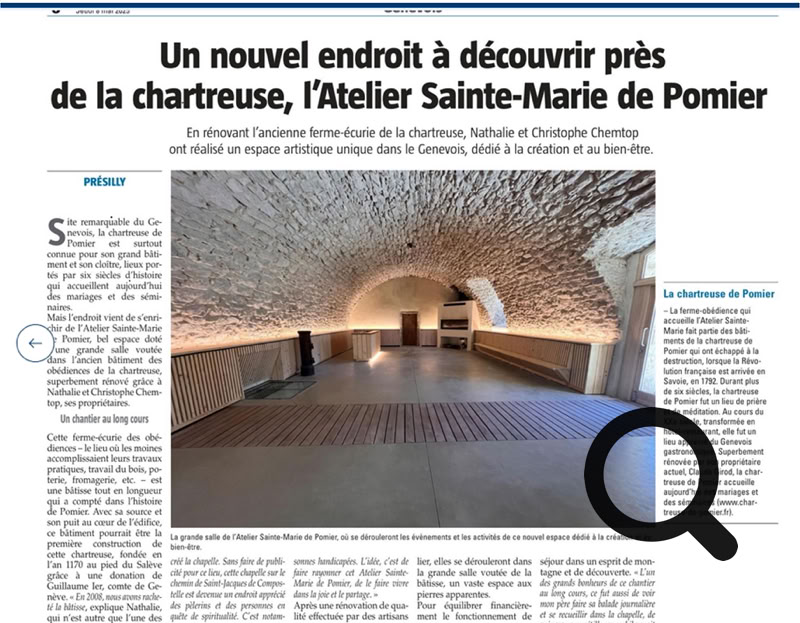 Publié par Dominique Ersnt. Haute-Savoie : un nouvel endroit à découvrir près de la chartreuse, l’Atelier Sainte-Marie de Pomier  En rénovant l’ancienne ferme-écurie de la chartreuse, Nathalie et Christophe Chemtob ont réalisé un espace artistique unique dans le Genevois, dédié à la création et au bien-être. 
